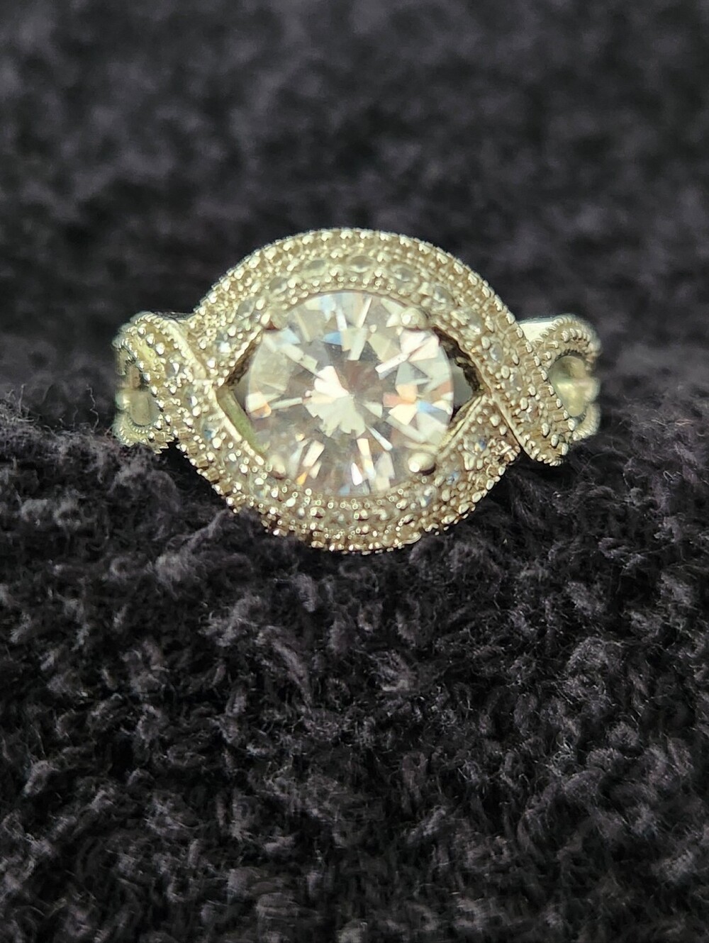 Silver-Tone Crystal Halo Twist Ring - Round Center Stone Size 9